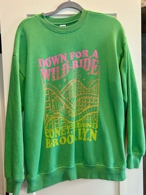 PINK Victoria's Secret Green Crewneck with Pink & Yellow Coney Island Graphic
